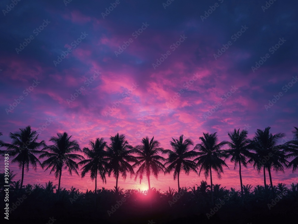 A vibrant sunset over a tropical beach with silhouettes of palm trees and soft clouds painted in warm hues A vibrant sunset over a tropical beach with silhouettes of palm trees and soft clouds painted in warm hues