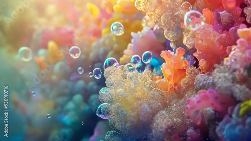 Colorful coral reef with bubbles in clear water during sunny day