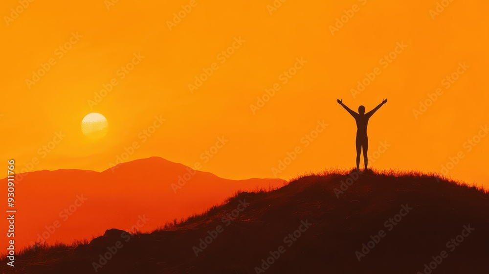 Silhouette of Person with Arms Raised on Mountaintop at Sunset Silhouette of Person with Arms Raised on Mountaintop at Sunset