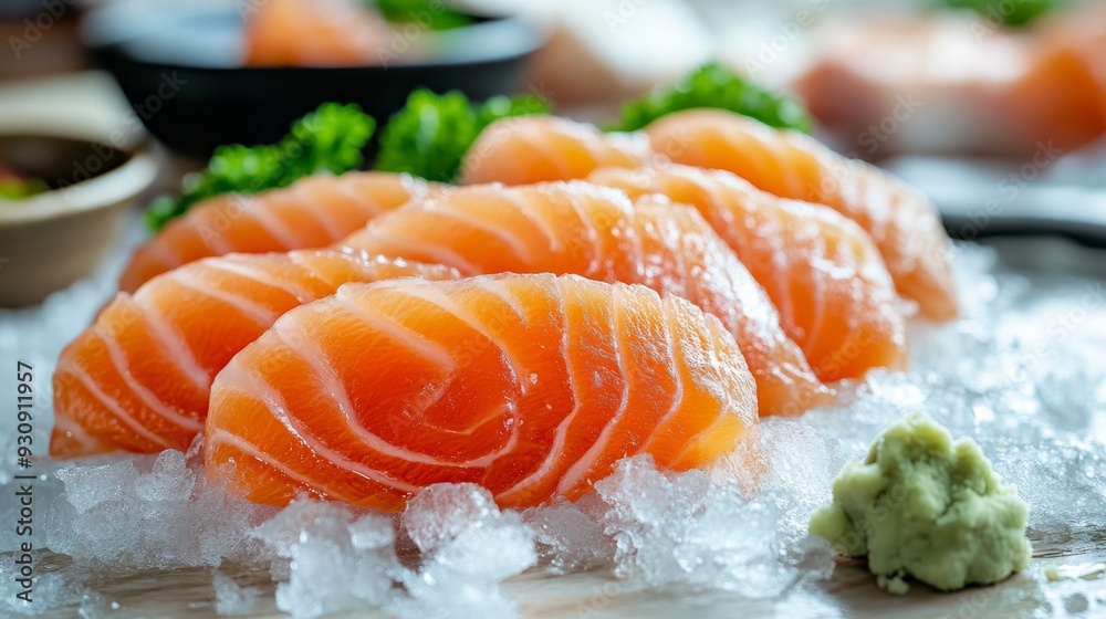 Slices of fresh salmon sashimi rest on a bed of crushed ice in a traditional Japanese izakaya. The vibrant orange of the fish contrasts with the icy display, capturing the authentic dining experience. Slices of fresh salmon sashimi rest on a bed of crushed ice in a traditional Japanese izakaya. The vibrant orange of the fish contrasts with the icy display, capturing the authentic dining experience.
