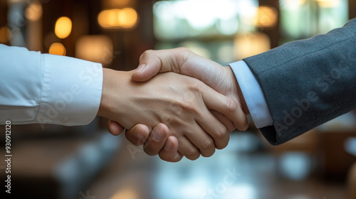 Two people shaking hands in a business setting. Concept of professionalism and trust between the two individuals