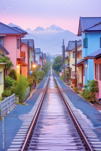 Colorful Houses Lined Up Along Railway Tracks With Mountain View