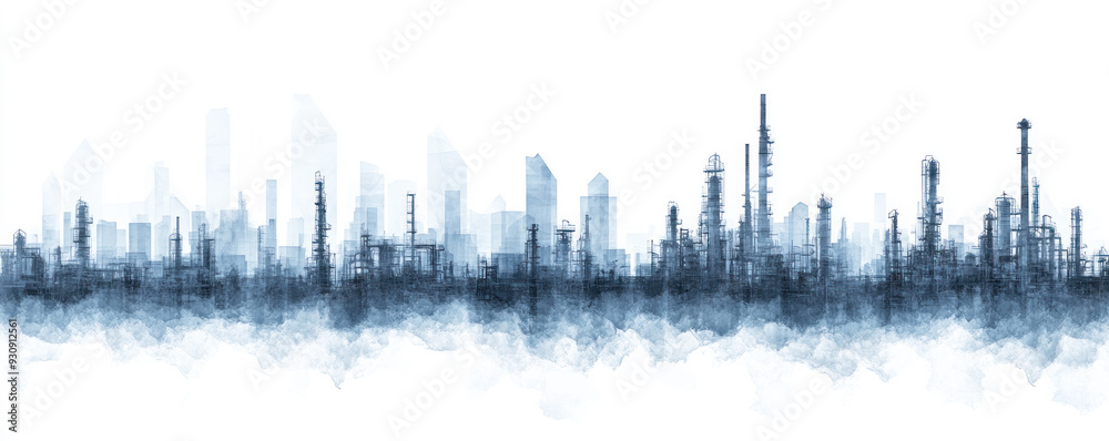 Naklejka premium A city skyline with a blue sky background. The buildings are tall and spread out, with some of them having smokestacks. Scene is one of urbanization and industrialization