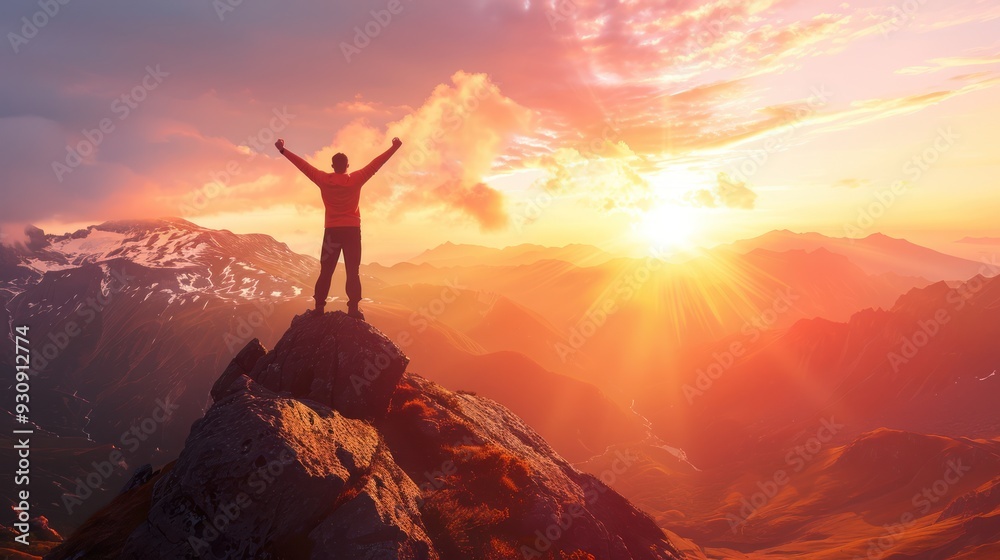Man Celebrating Success on Mountaintop at Sunset Man Celebrating Success on Mountaintop at Sunset