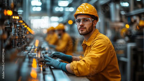 A busy factory setting featuring both factory workers and mechanics working together, factory workers operating machinery,