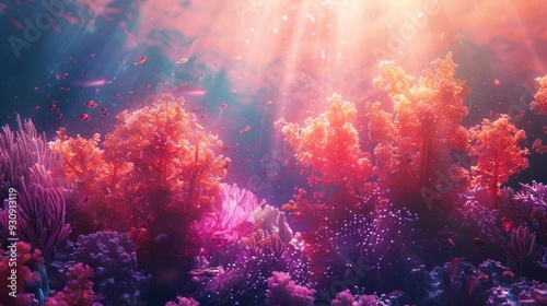 Fototapeta Naklejka Na Ścianę i Meble -  Vibrant coral reef scene with sunlight in orange and magenta.