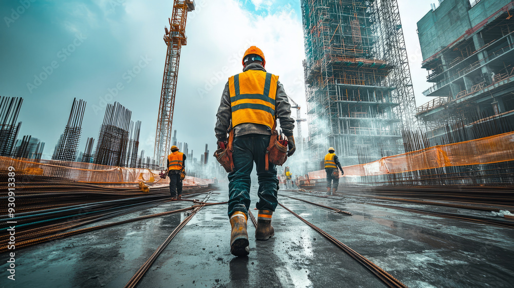 A busy construction site filled with construction workers engaged in various tasks, lifting heavy materials, pouring concrete,