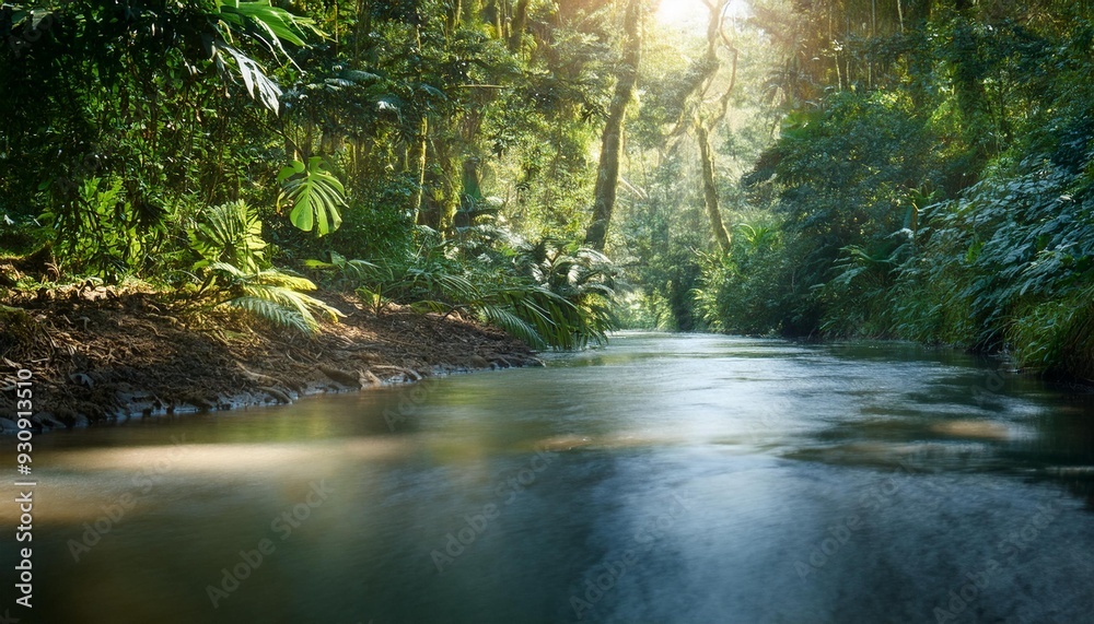 Obraz premium A winding rainforest river cutting through dense foliage, the focus on the shimmering water