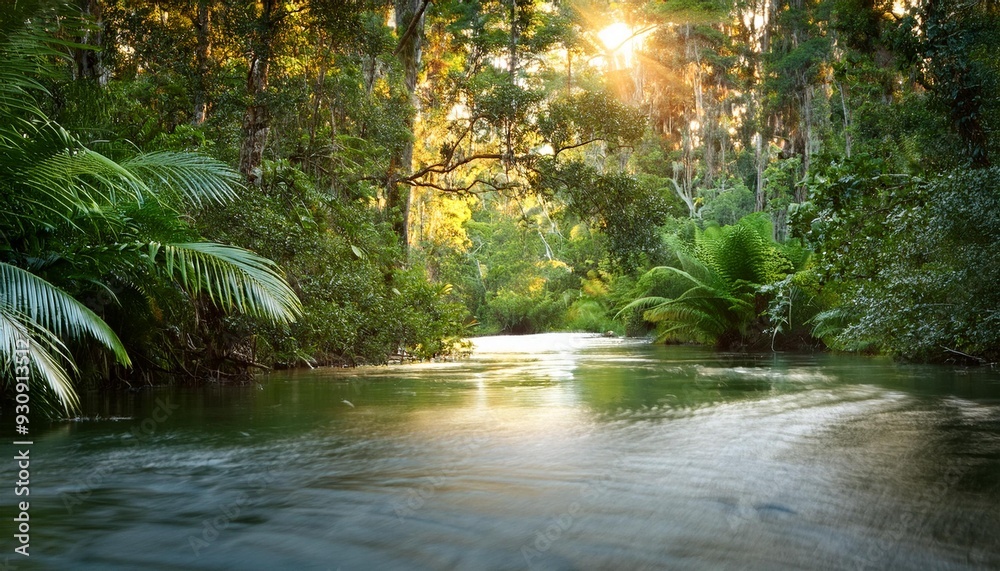 Obraz premium A winding rainforest river cutting through dense foliage, the focus on the shimmering water