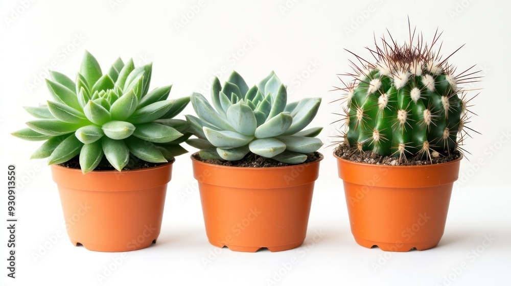 Three Succulents in Pots on White Background Three Succulents in Pots on White Background