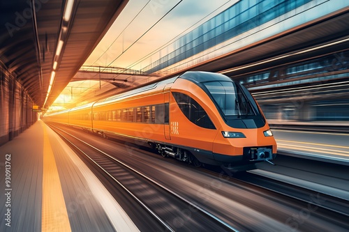 Modern high-speed train departs from a railway station at sunset.