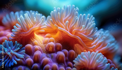 Detailed view of a coral polyps colony, with their tiny tentacles extended, the background s photo