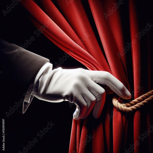 Magician hand opening and pulling red stage curtain isolated on black background 