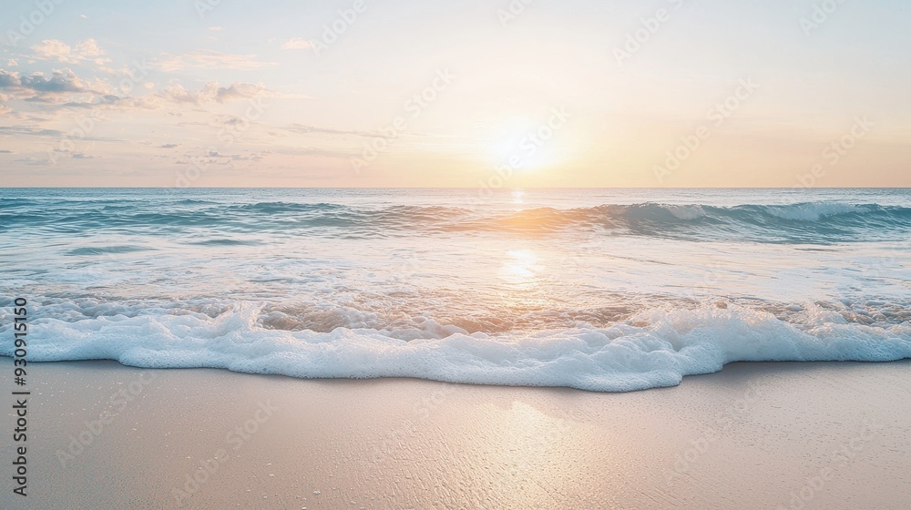 Tranquil Ocean Sunset with Foamy Waves and Sandy Beach Tranquil Ocean Sunset with Foamy Waves and Sandy Beach