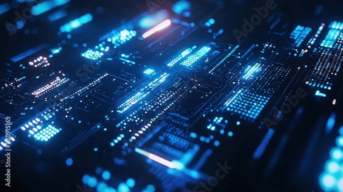 Abstract Blue Circuit Board with Glowing Lights