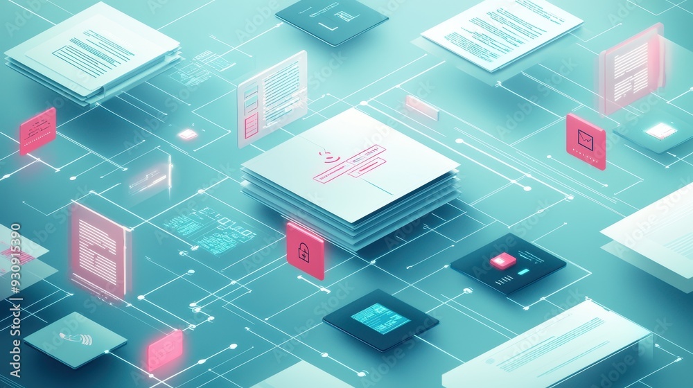 Digital Network Data Flow with Documents and Icons Digital Network Data Flow with Documents and Icons
