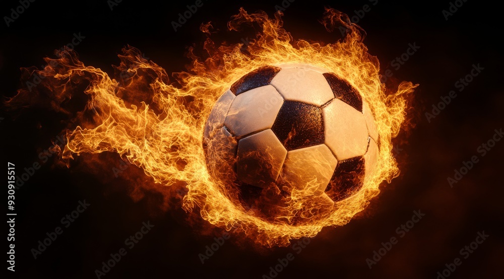 Fototapeta premium A dynamic soccer ball is engulfed in vibrant flames, symbolizing the boundless energy and excitement found in sports