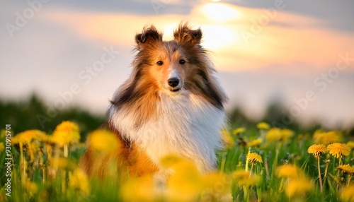 sheltie shetland sheepdog in a spring meadow with dandelions around photo