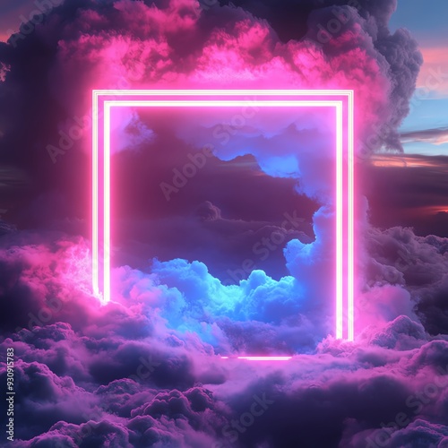 Neon square frame glowing in pink and blue clouds.