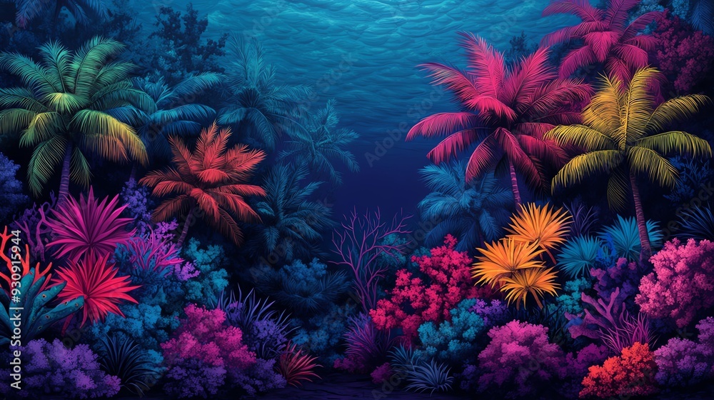 Fototapeta premium Vibrant underwater landscape featuring colorful corals and lush palm trees thriving in a mystical ocean environment.