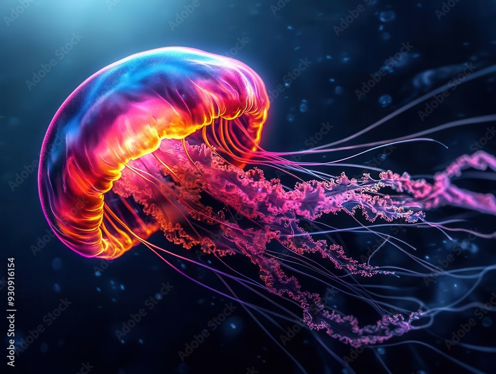 Imagine a surreal jellyfish with a rainbow of neon colors, its tentacles trailing light in a dark underwater setting Imagine a surreal jellyfish with a rainbow of neon colors, its tentacles trailing light in a dark underwater setting