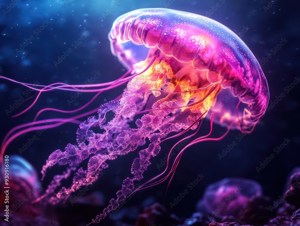 Imagine a surreal jellyfish with a rainbow of neon colors, its tentacles trailing light in a dark underwater setting Imagine a surreal jellyfish with a rainbow of neon colors, its tentacles trailing light in a dark underwater setting