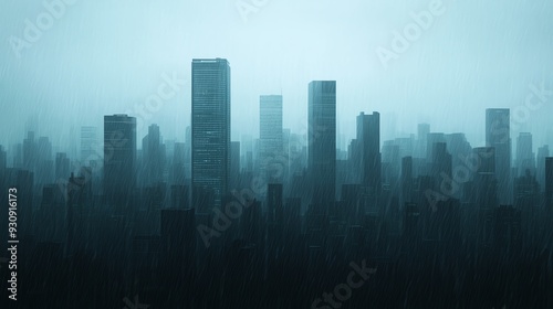 A misty city skyline at dawn, showcasing silhouettes of skyscrapers in a tranquil blue haze.