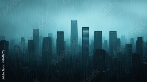 A moody city skyline shrouded in rain, evoking a sense of mystery and solitude in an urban environment.