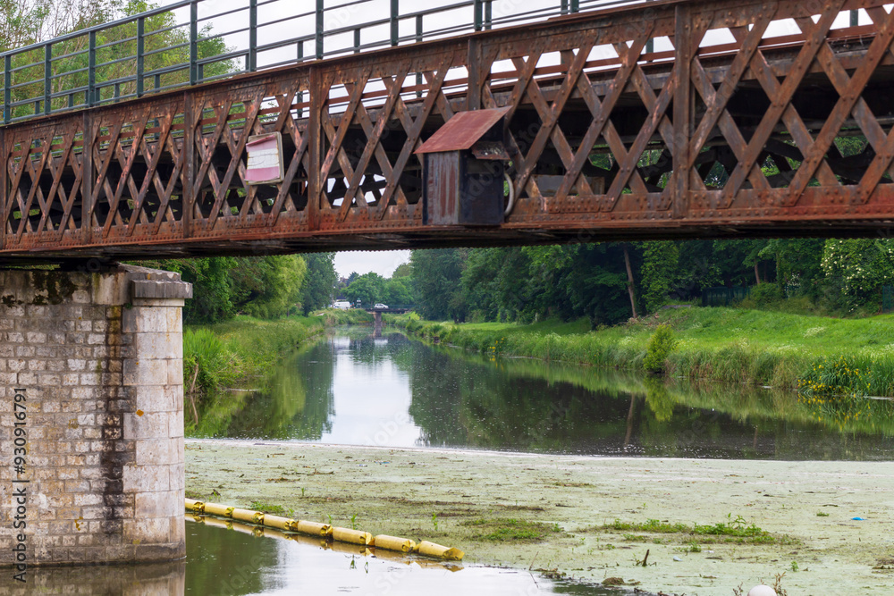 Obraz premium Rustic iron bridge spanning the tranquil intersection of Canal d'Orléans and Canal de Briare in the scenic French countryside
