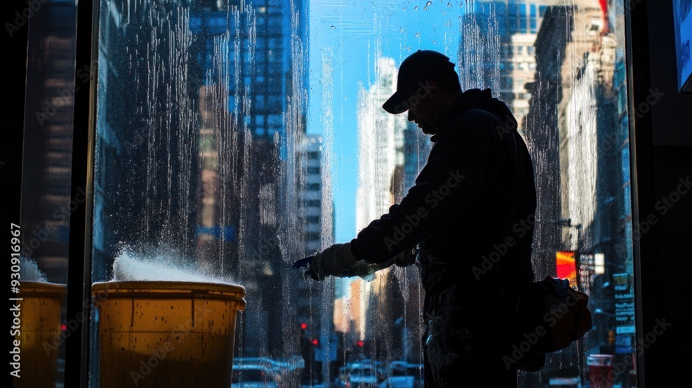 Silhouette of a Window Cleaner in the City Silhouette of a Window Cleaner in the City