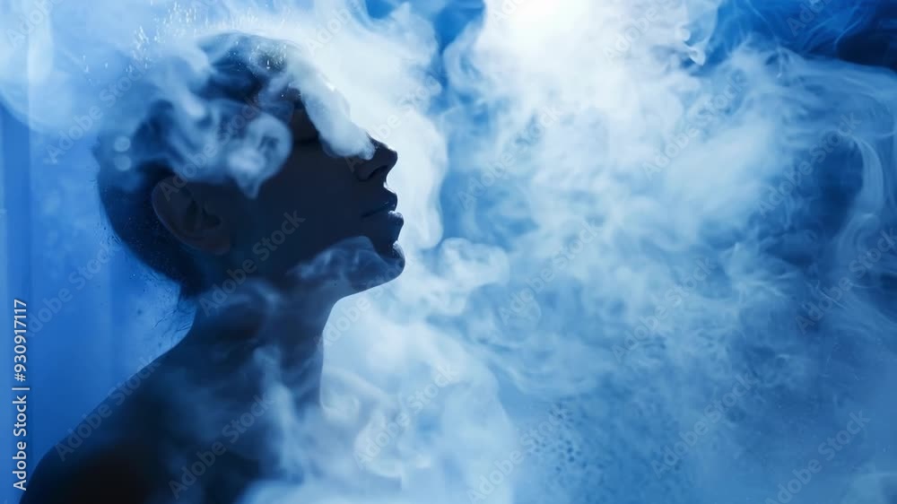 Young woman is taking a cryotherapy session, standing in a freezing vapor cloud. This treatment is becoming very popular to relieve pain and reduce inflammation