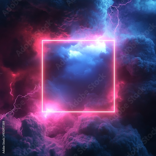 Neon frame with lightning bolts and clouds for background photo