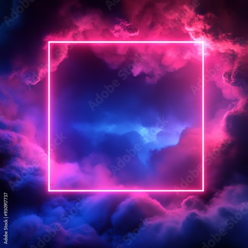 3D minimal abstract background with a pink and blue neon light square frame, offering copy space, highlighted by glowing stormy clouds and geometric patterns, aspect ratio 16:9. photo