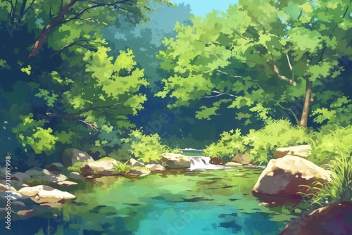 Lush green forest with a serene river flowing through it. Sunny day with green leaves and blue water. Concept of nature, peace and tranquility.