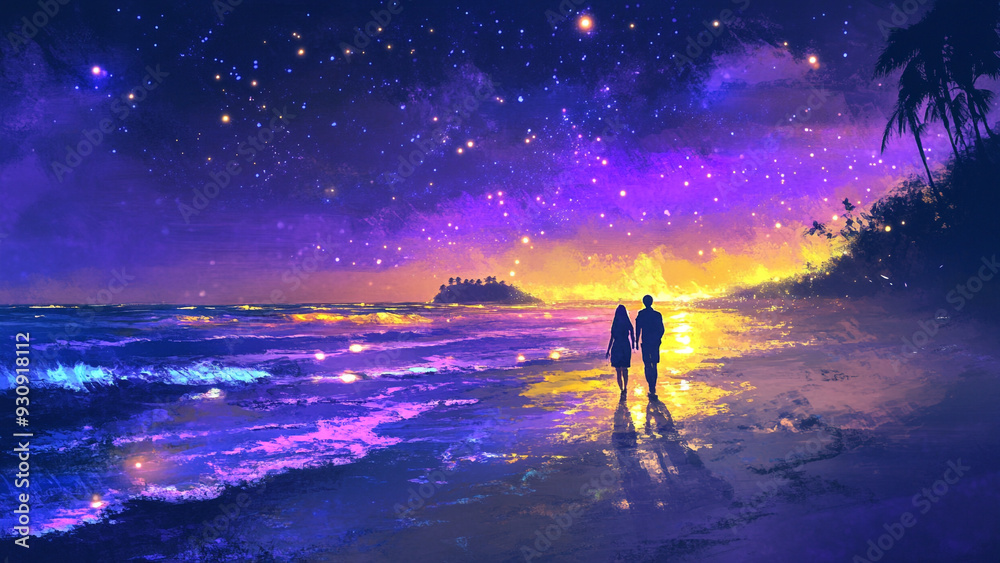 Starry Night Beach Walk: Oil and Watercolor Painting Starry Night Beach Walk: Oil and Watercolor Painting