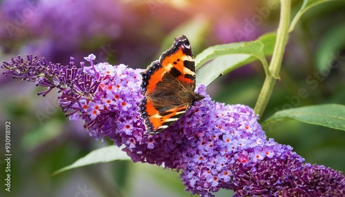 small tortoiseshell butterfly sitting on a buddleja flower uk photo