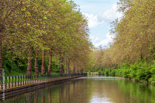 Fotografía An idyllic tree-lined canal pathway along the Canal du Loing, with vibrant sprin