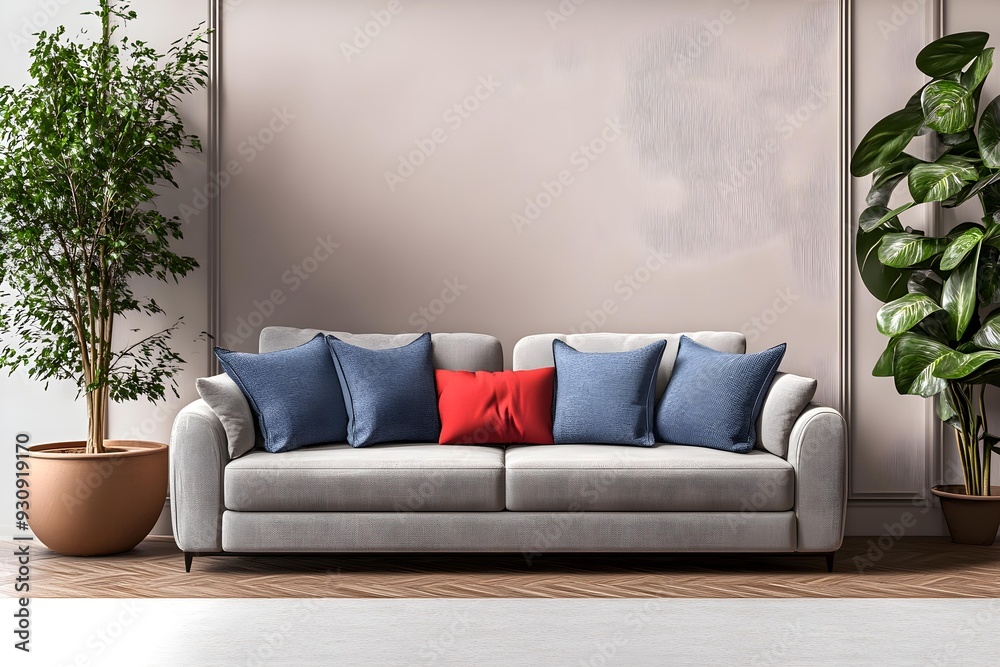 Fototapeta premium living room interior and modern furniture with decorative flower. 3D render