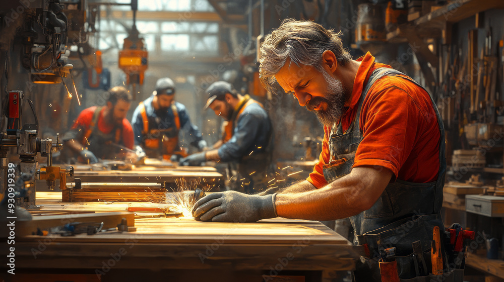 A vibrant workshop scene featuring a diverse group of tradespeople at work, including carpenters, electricians, plumbers, and welders, A vibrant workshop scene featuring a diverse group of tradespeople at work, including carpenters, electricians, plumbers, and welders,
