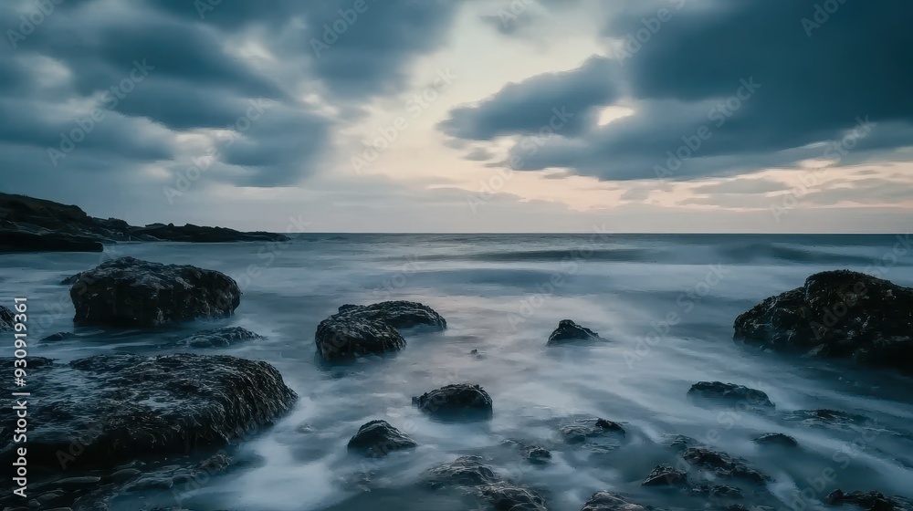 Misty Coastal Landscape with Dramatic Sky and Smooth Water - Long Exposure Photography. Misty Coastal Landscape with Dramatic Sky and Smooth Water - Long Exposure Photography.