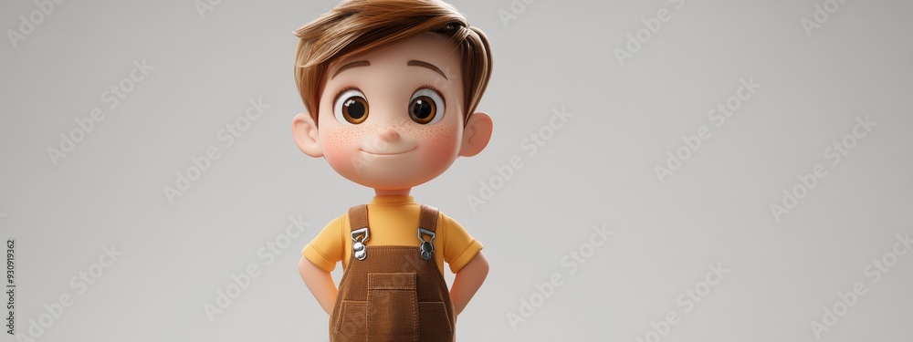 3D Cartoon of a Little Boy Dressed in Brown Overalls