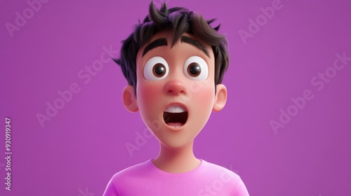 3D cartoon of a funky impressed young guy wearing a pink t shirt with big eyes and an open mouth against a violet background photo