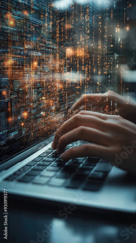 Wallpaper Mural A person is typing on a laptop computer with a glowing screen behind them. Concept of technology and productivity, as the person is focused on their work Torontodigital.ca