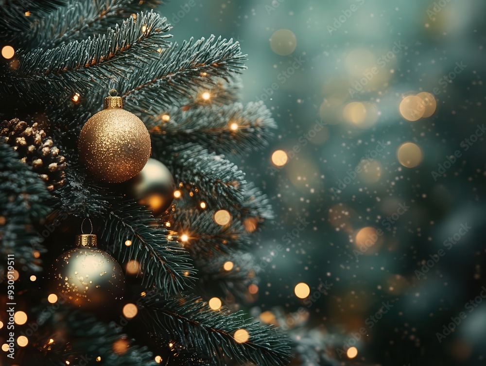 festive christmas scene pine branches adorned with ornaments soft focus fairy lights rich emerald background negative space for text festive christmas scene pine branches adorned with ornaments soft focus fairy lights rich emerald background negative space for text