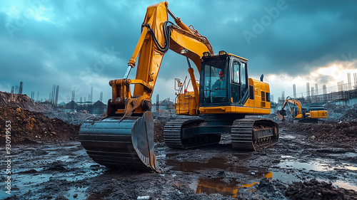 A powerful scene depicting heavy machinery operators at work, skillfully handling large equipment such as excavators and cranes on a construction site,