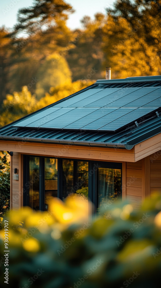 custom made wallpaper toronto digitalA small house with a black roof and a solar panel on top. The house is surrounded by trees and bushes