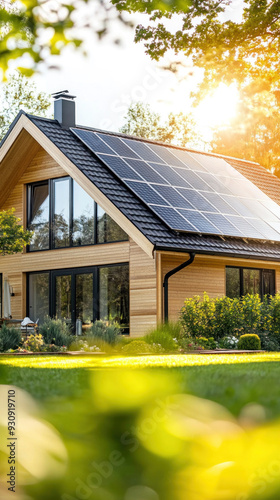 A house with a large roof and a lot of windows. The house is surrounded by a lush green lawn