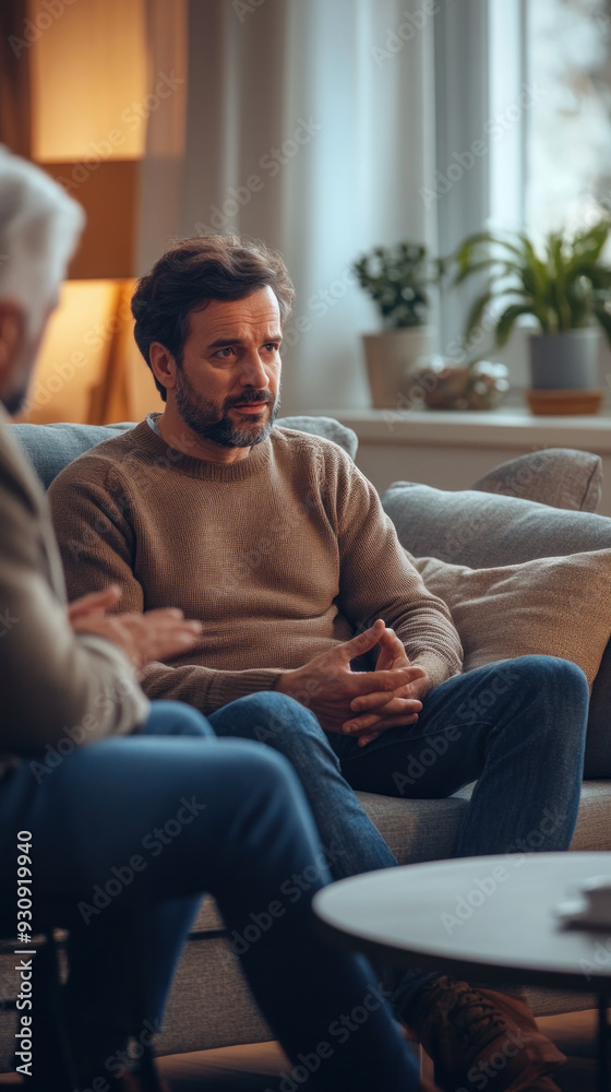 Two men are sitting on a couch, one of them is talking to the other. The man on the couch is wearing a brown sweater and blue jeans Two men are sitting on a couch, one of them is talking to the other. The man on the couch is wearing a brown sweater and blue jeans