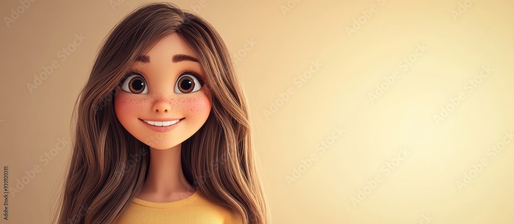 3D Cartoon of a lovely character with long hair smiling charmingly at the viewer against a soft beige backdrop with space for text 3D Cartoon of a lovely character with long hair smiling charmingly at the viewer against a soft beige backdrop with space for text