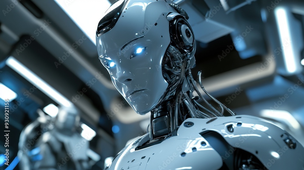 Futuristic White Robot with Glowing Eyes in a Sci-Fi Setting Futuristic White Robot with Glowing Eyes in a Sci-Fi Setting